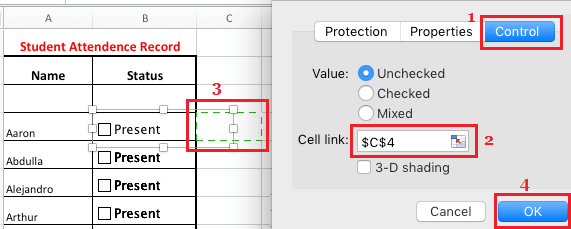 insert a checkbox in excel for mac cell